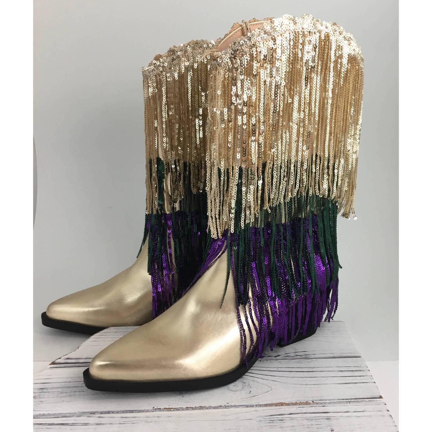 New Songlily Women's Mardi Gras Sequin Tassel Boots In Gold